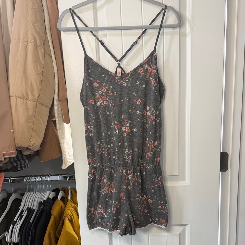 Xhilaration Gray Floral Spaghetti Strap Sleepwear Romper with Coral Accents